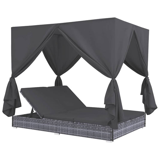 Lettino Prendisole Con Tende In Polyrattan Grigio