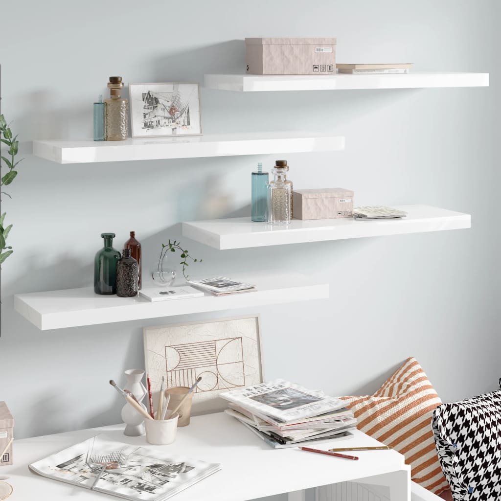 Scaffali A Parete 2 Pz 120X23,5X3,8 Cm In Mdf Bianco Lucido