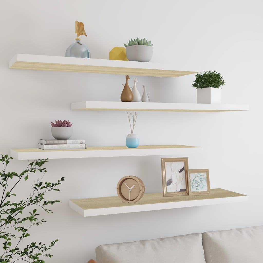 Scaffali A Parete 2 Pz 90X23,5X3,8 Cm In Mdf Rovere E Bianco