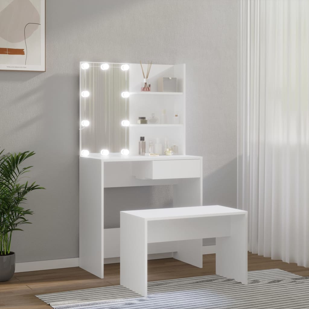 Set Tavolo Da Toeletta Bianco Con Led In Legno Multistrato