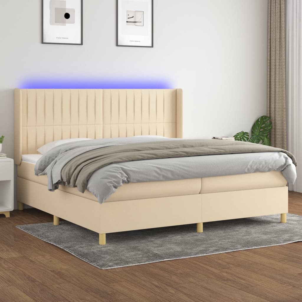 Letto A Molle Materasso E Led Bianco 200X200Cm In Tessuto Crema