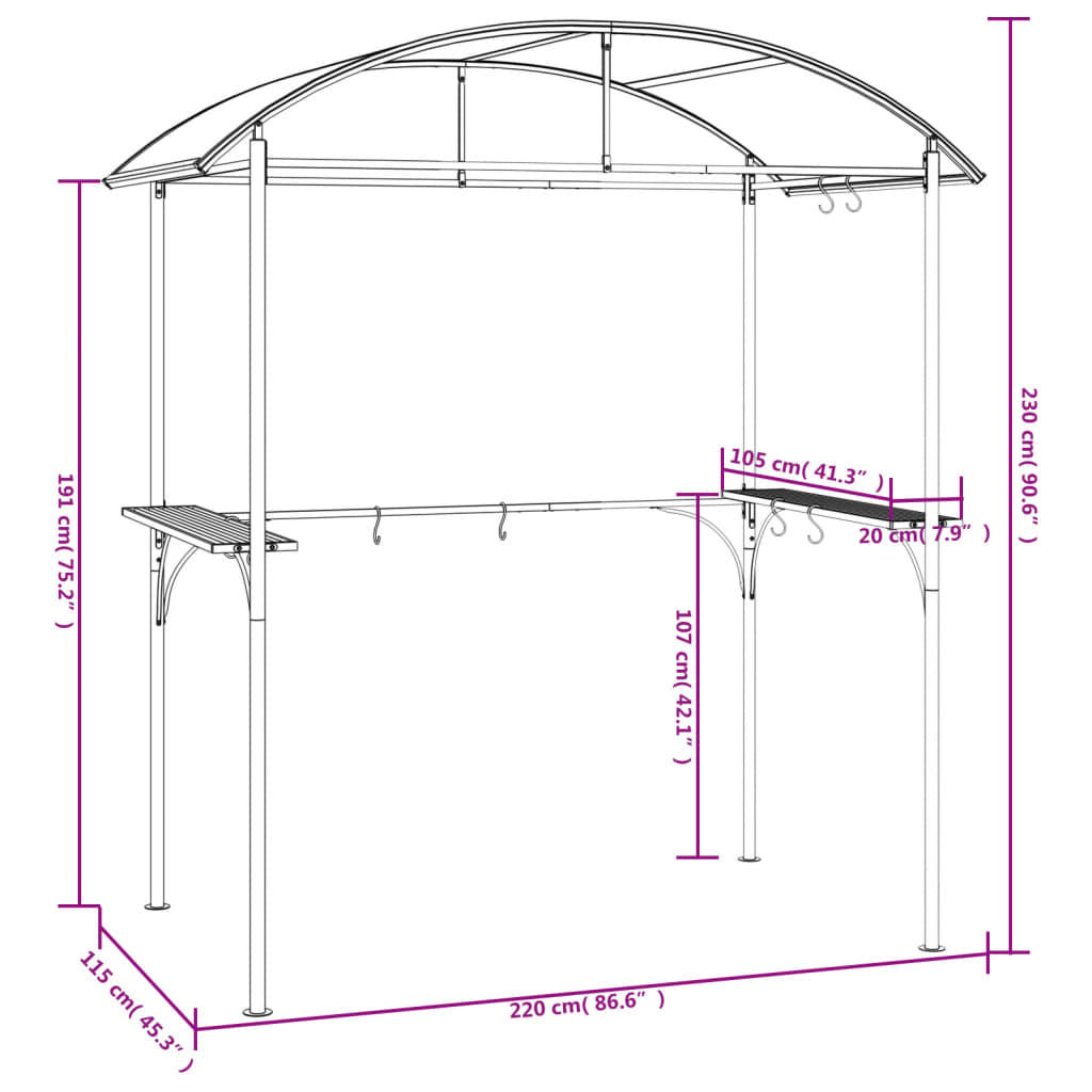 Gazebo Barbecue Ripiani Laterali Antracite 220X115X230 Acciaio