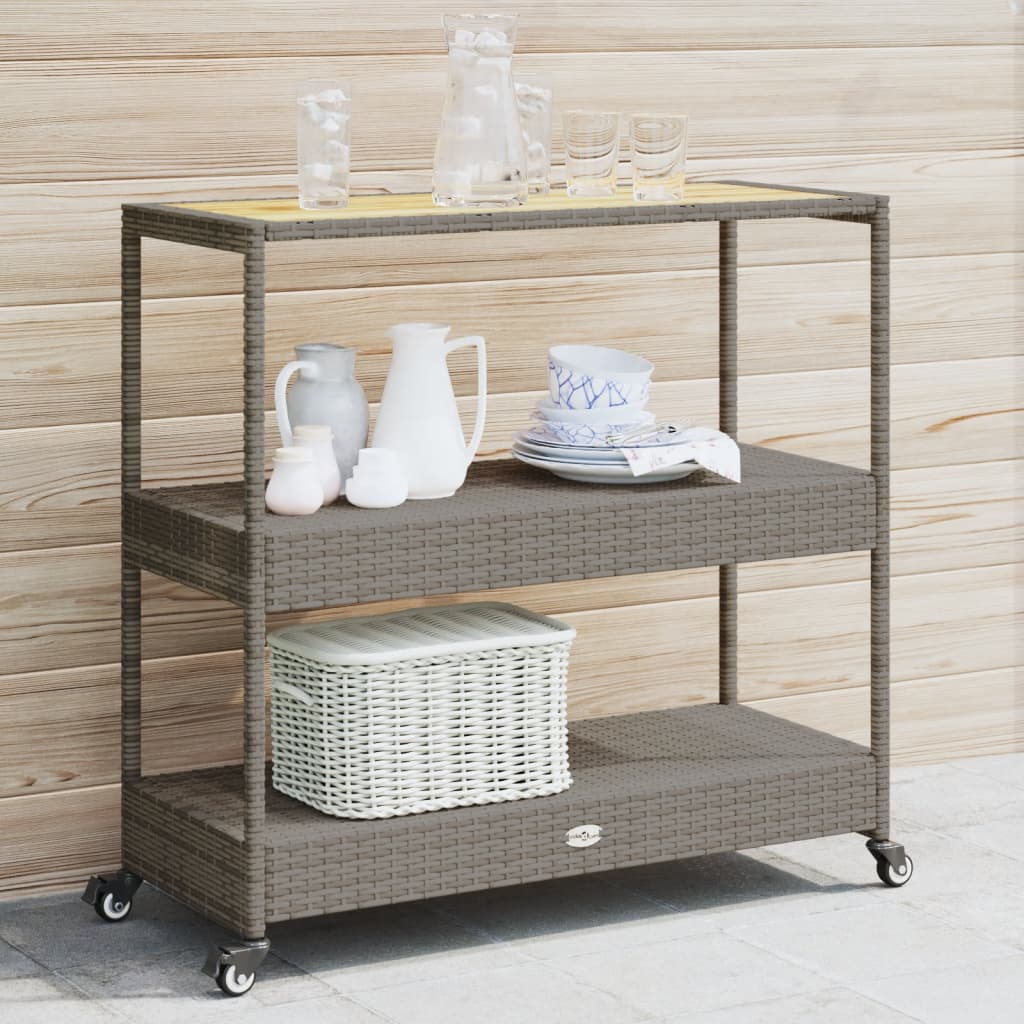 Carrello Da Bar 3 Livelli Beige In Polyrattan E Massello Acacia