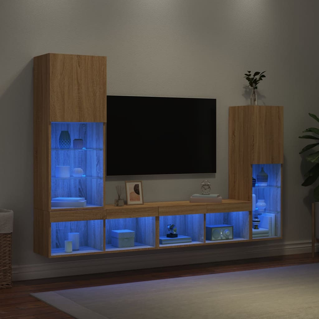 Mobili Tv A Muro Con Led 4Pz Neri In Legno Multistrato