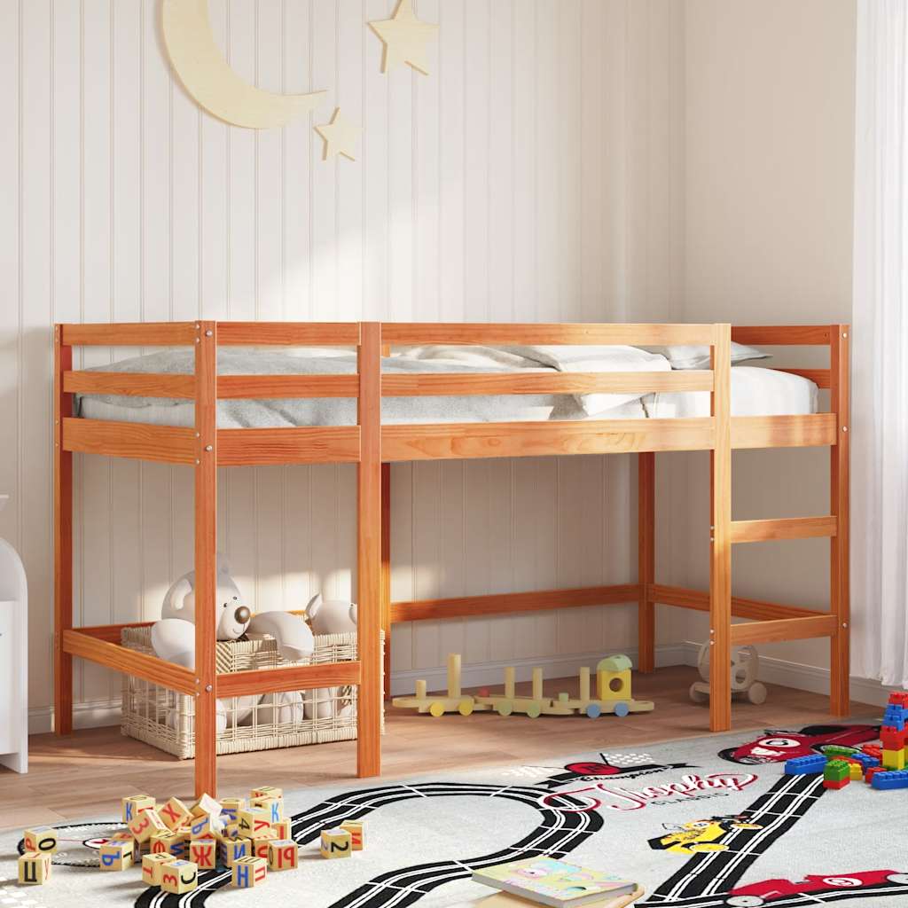 Letto Soppalco Con Scala Bambini Marrone 80X200Cm Massello Pino