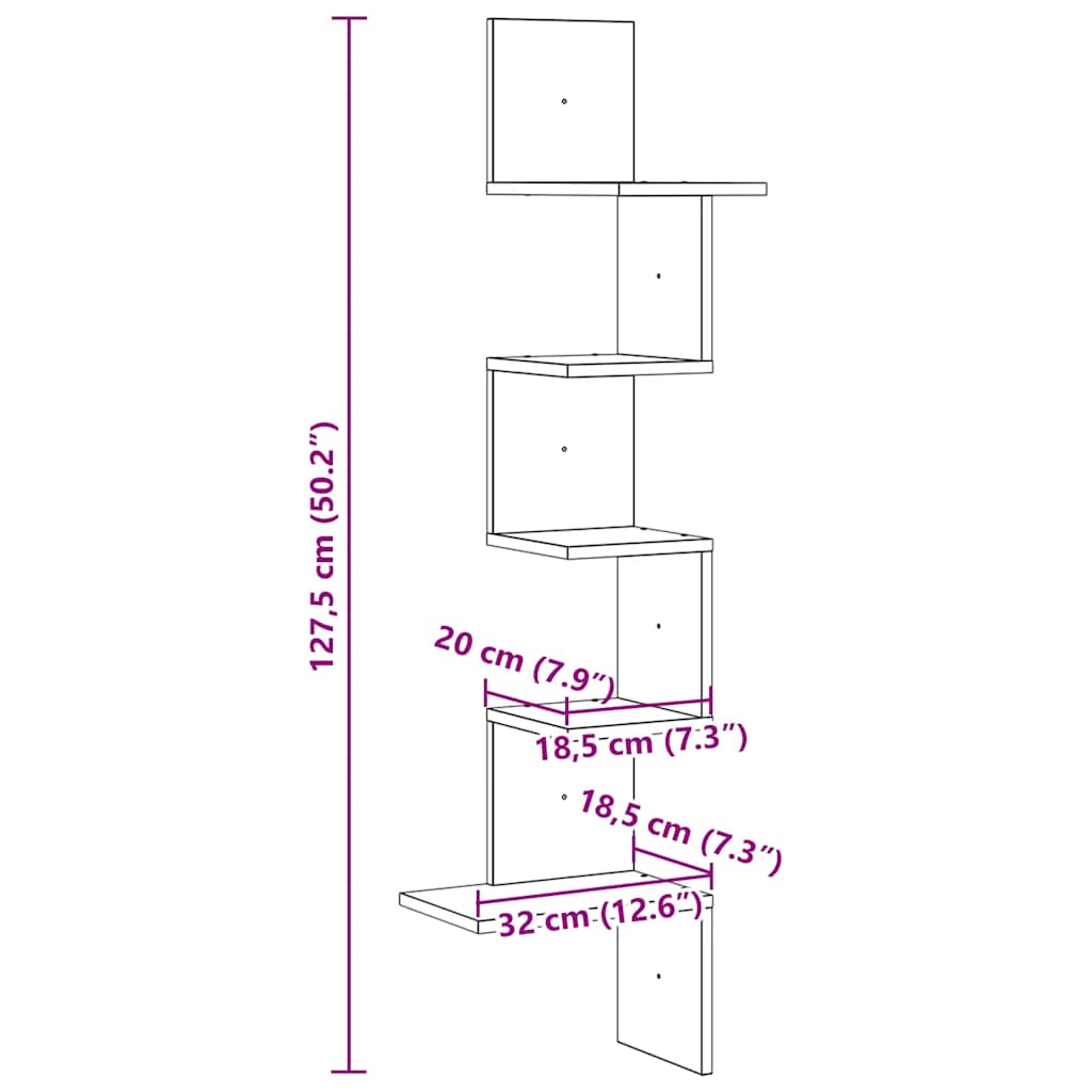 Scaffale Angolare Muro 32X32X127,5 Cm Legno Multistrato Nero