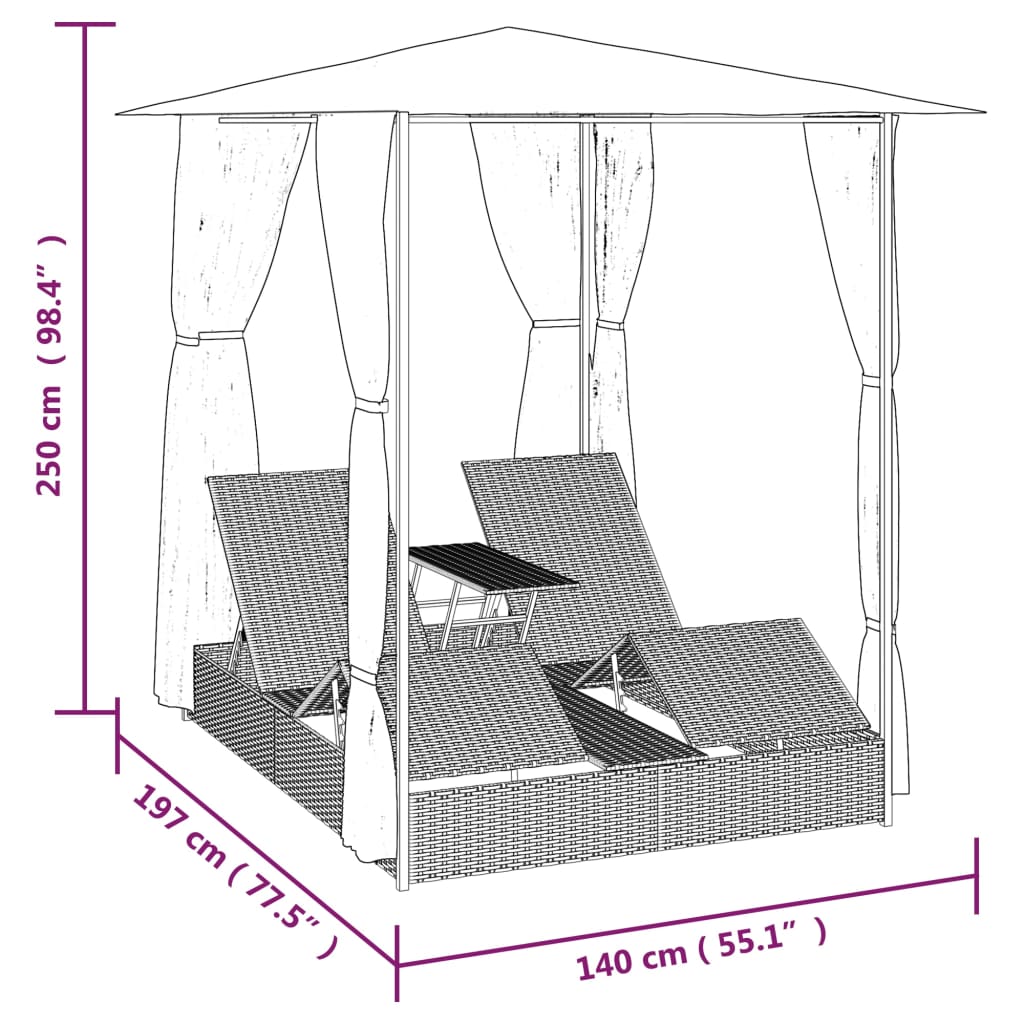 Lettino Prendisole Doppio Con Tende In Polyrattan