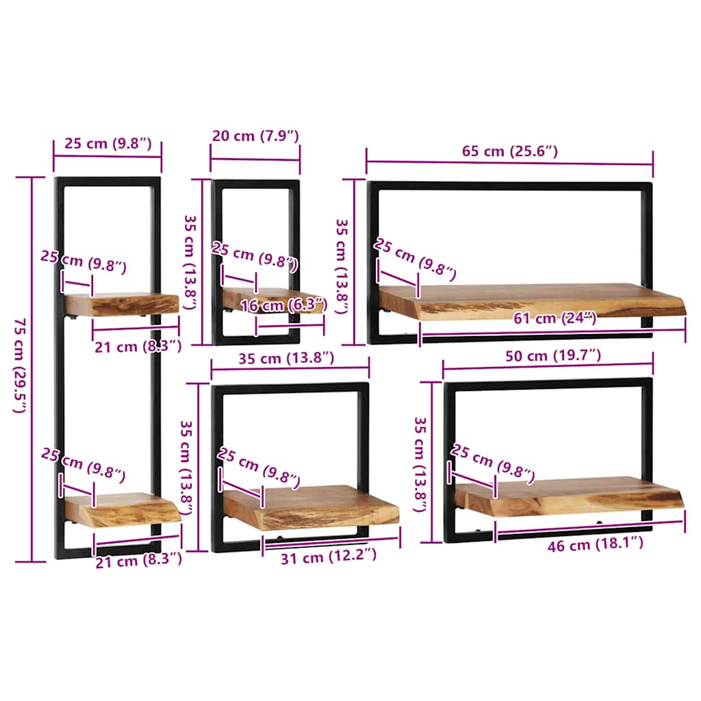 Set Di Mensole 5 Pz In Legno Massello Di Acacia E Acciaio