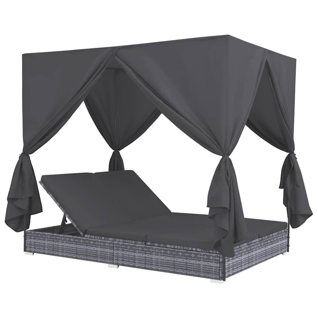 Lettino Prendisole Con Tende In Polyrattan Grigio