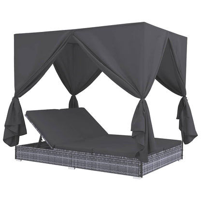 Lettino Prendisole Con Tende In Polyrattan Grigio