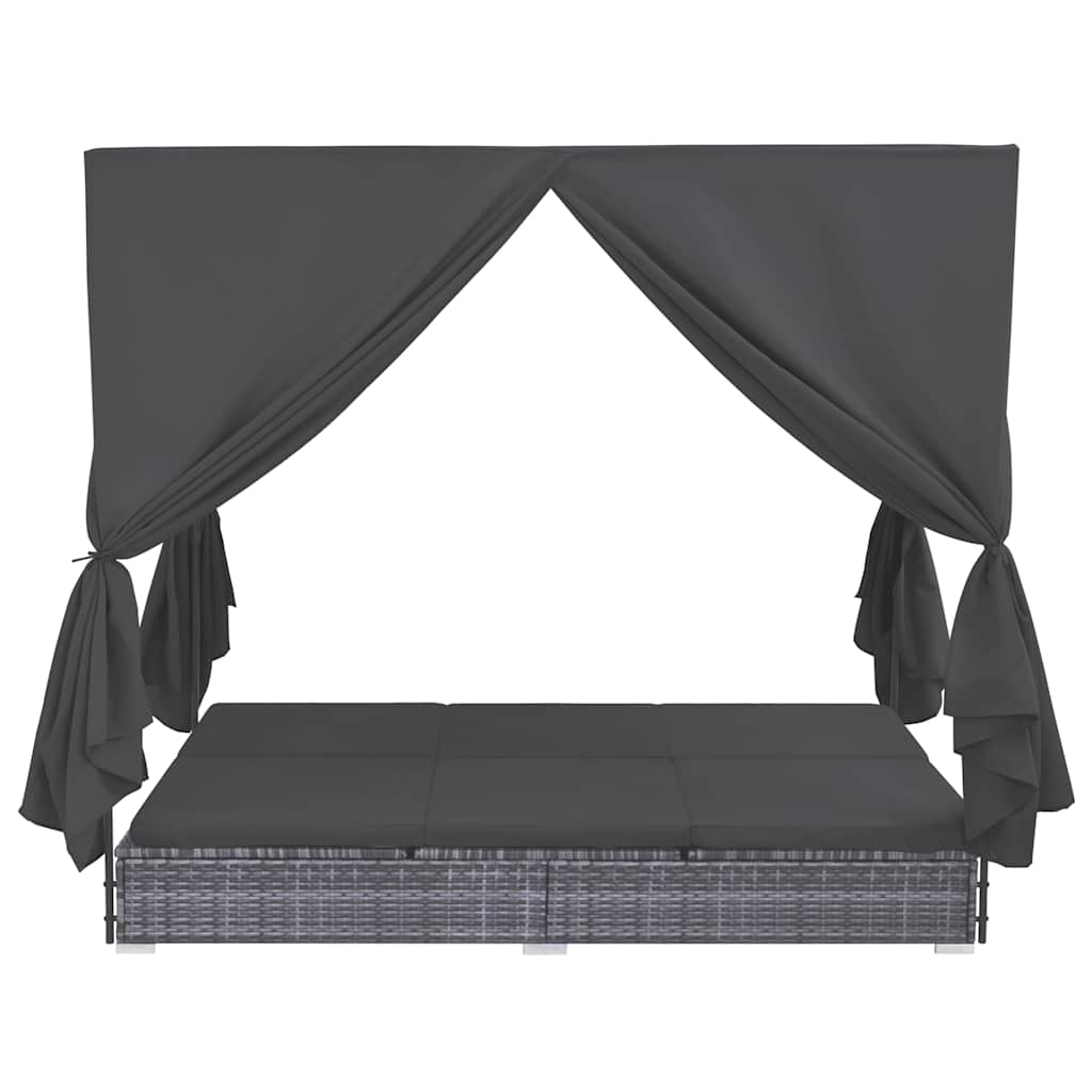 Lettino Prendisole Con Tende In Polyrattan Grigio