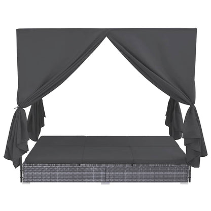 Lettino Prendisole Con Tende In Polyrattan Grigio
