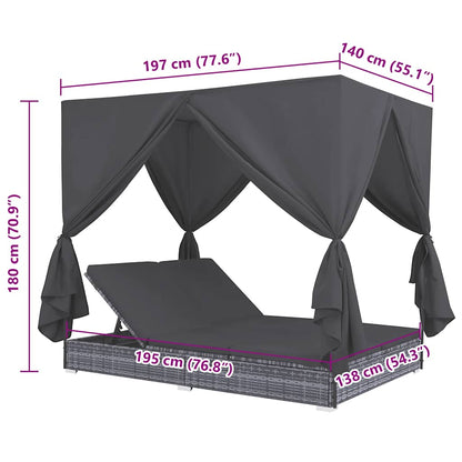 Lettino Prendisole Con Tende In Polyrattan Grigio