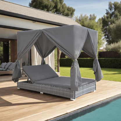 Lettino Prendisole Con Tende In Polyrattan Grigio