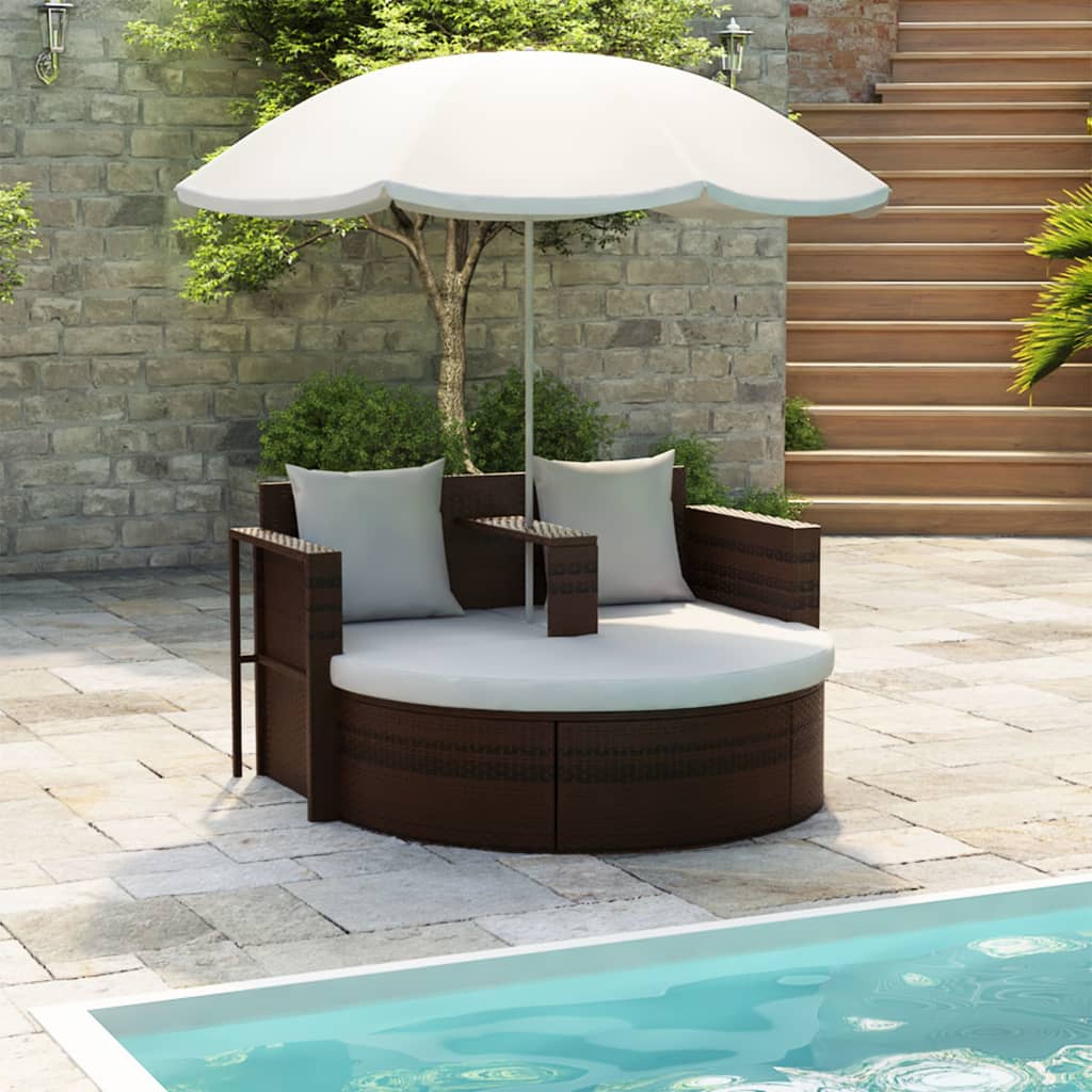 Lettino Da Giardino Con Ombrellone Nero In Polyrattan