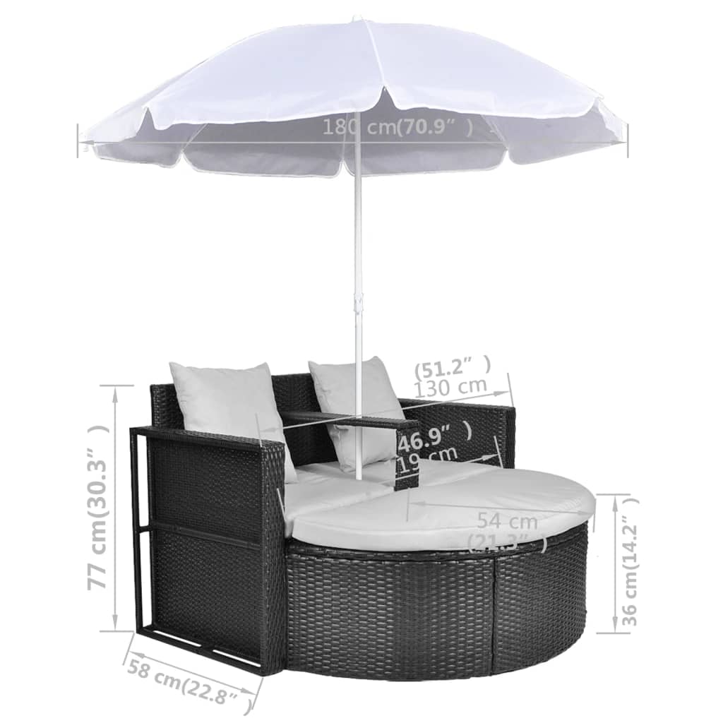 Lettino Da Giardino Con Ombrellone Nero In Polyrattan
