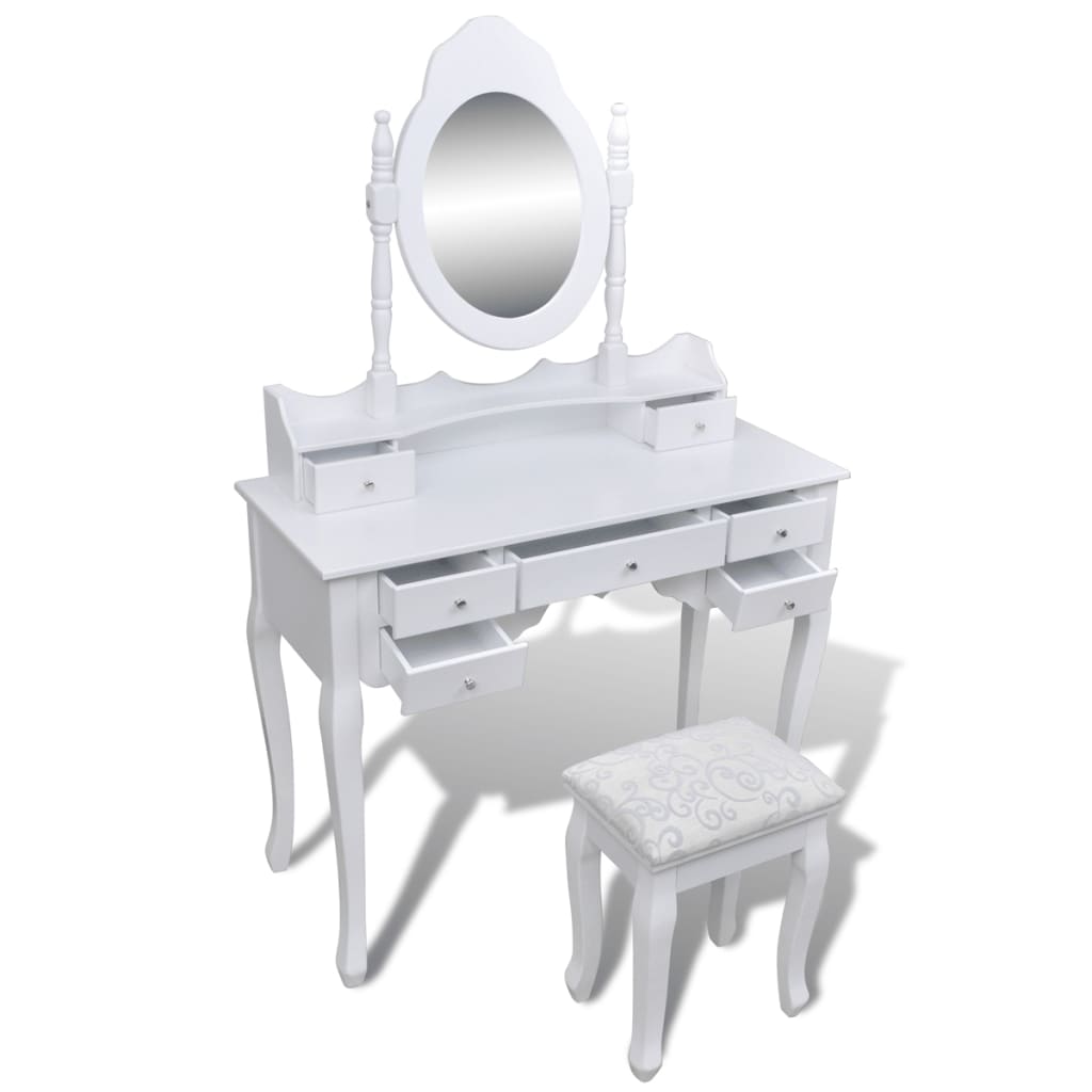 Tavolo Da Trucco Con Specchio E Sgabello 7 Cassetti Bianco