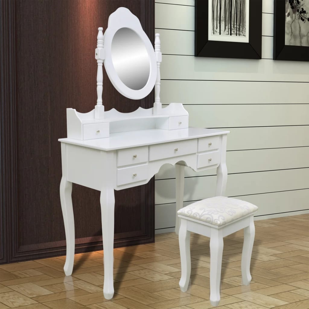 Tavolo Da Trucco Con Specchio E Sgabello 7 Cassetti Bianco