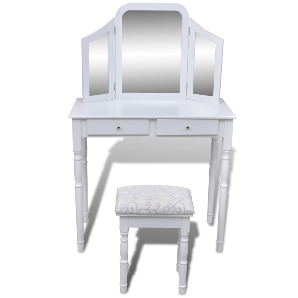 Toletta 3-In-1 Con Specchio Sgabello E 2 Cassetti Bianca