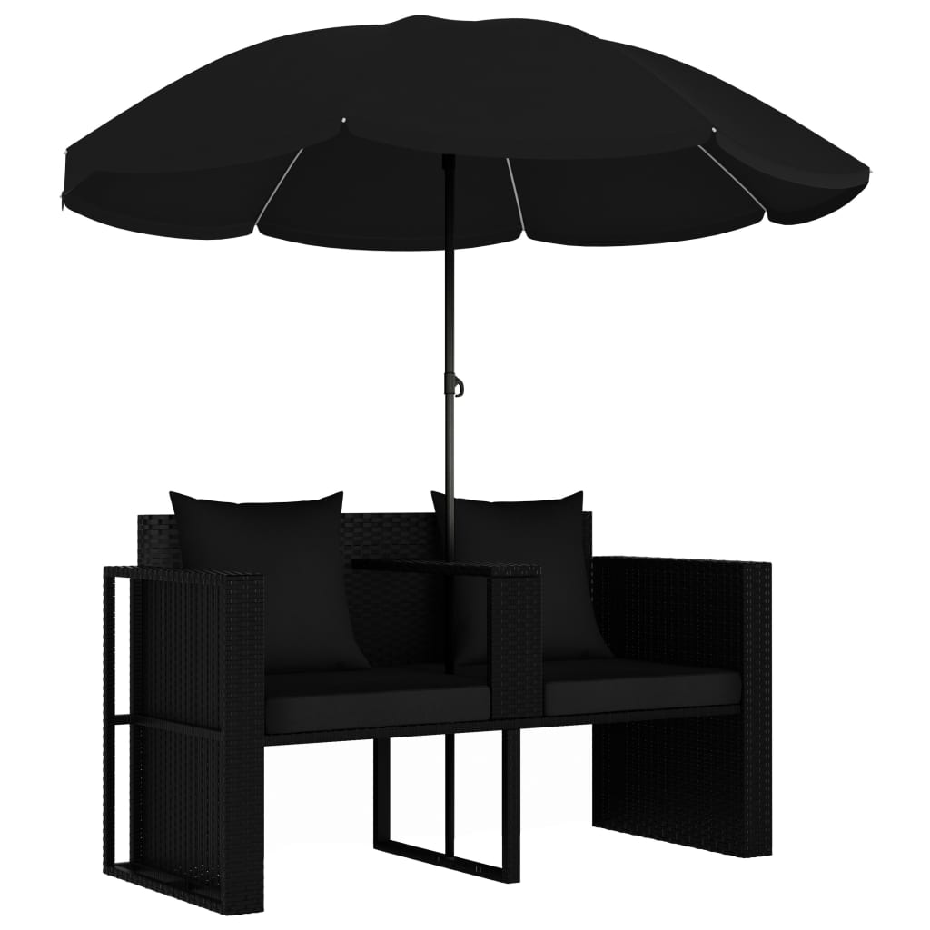 Lettino Da Giardino Con Ombrellone Nero In Polyrattan