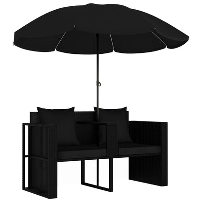 Lettino Da Giardino Con Ombrellone Nero In Polyrattan