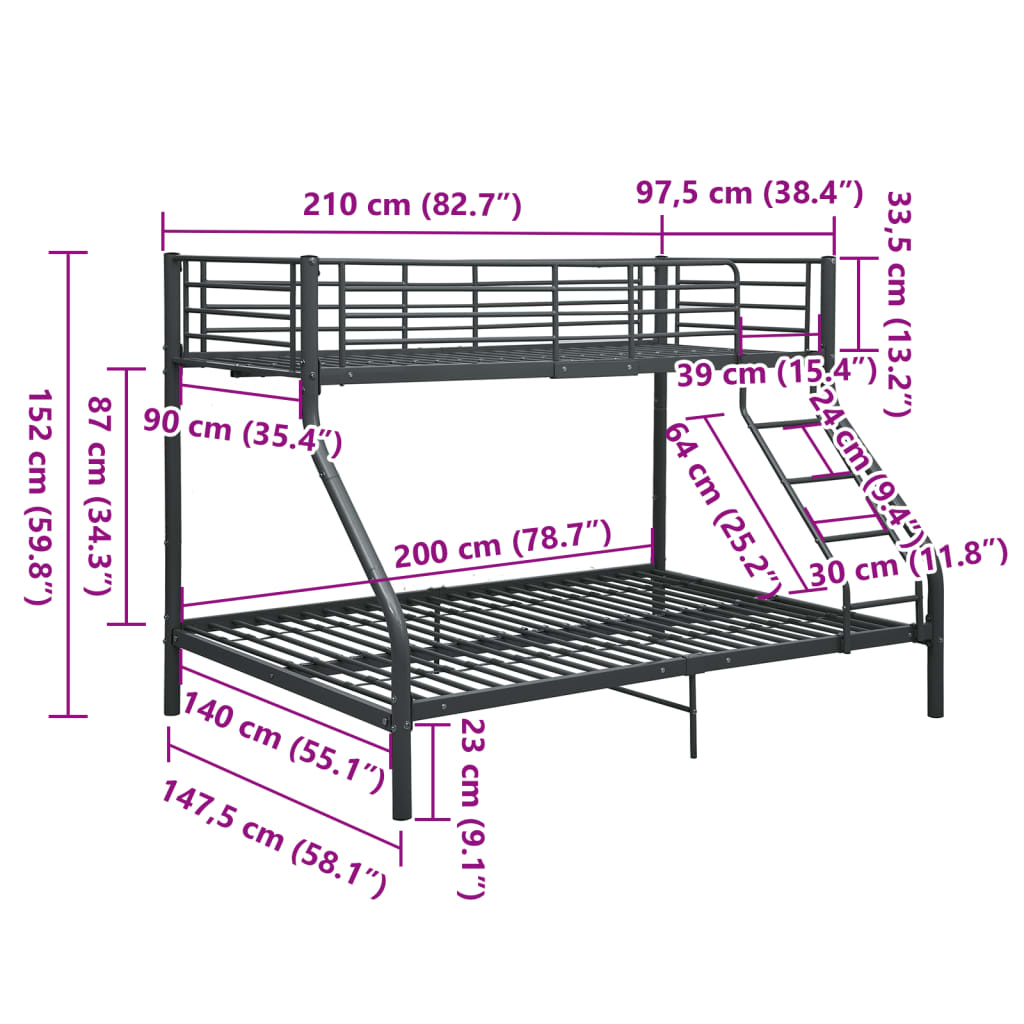 Letto A Castello In Metallo 140X200 Cm/90X200 Cm