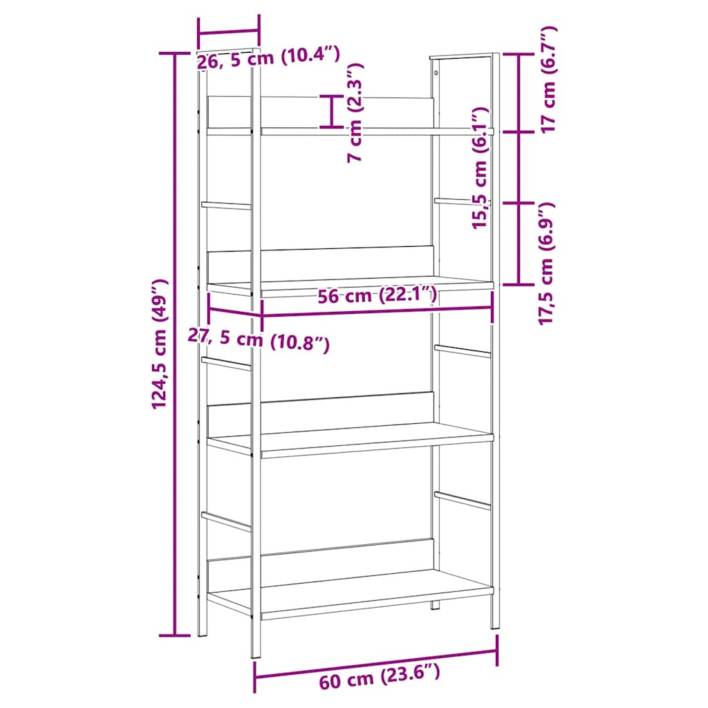 Scaffale Libri 4 Ripiani Rovere 60X27,6X124,5 Legno Multistrato