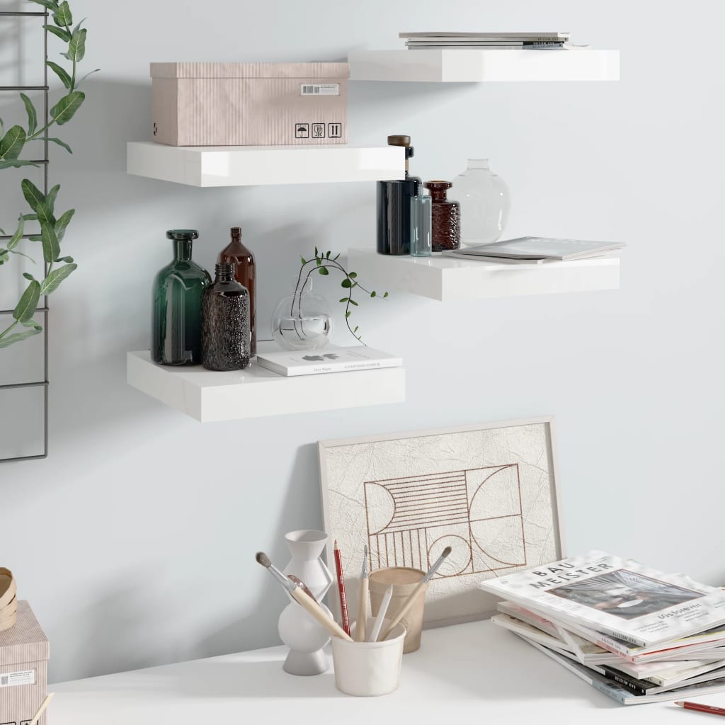Scaffali A Parete 2 Pz 120X23,5X3,8 Cm In Mdf Bianco Lucido