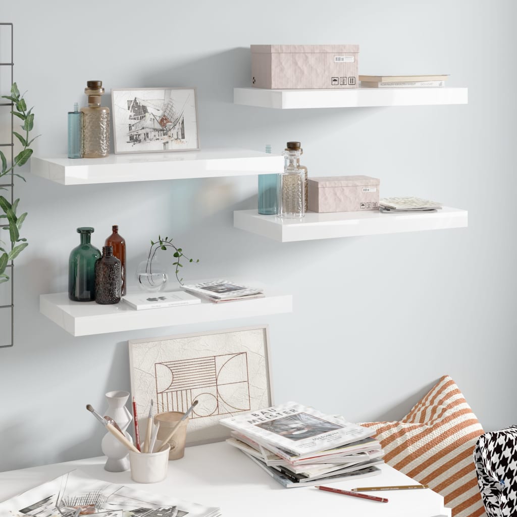 Scaffali A Parete 2 Pz 120X23,5X3,8 Cm In Mdf Bianco Lucido