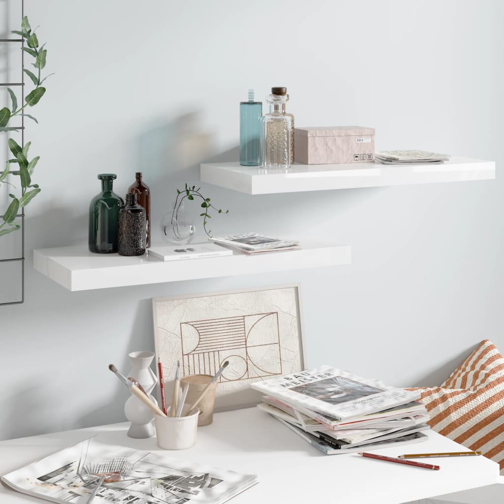 Scaffali A Parete 2 Pz 120X23,5X3,8 Cm In Mdf Bianco Lucido