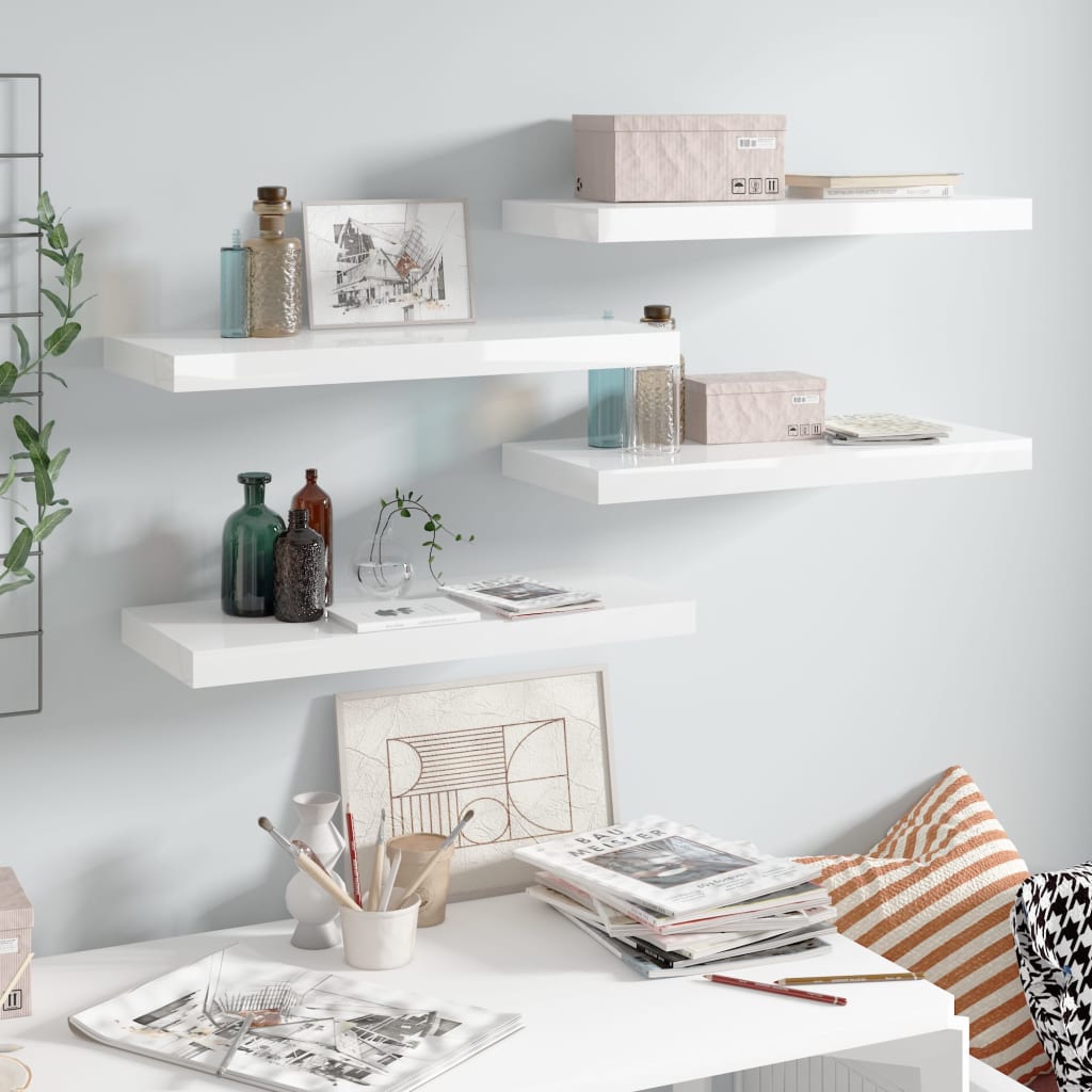 Scaffali A Parete 2 Pz 120X23,5X3,8 Cm In Mdf Bianco Lucido
