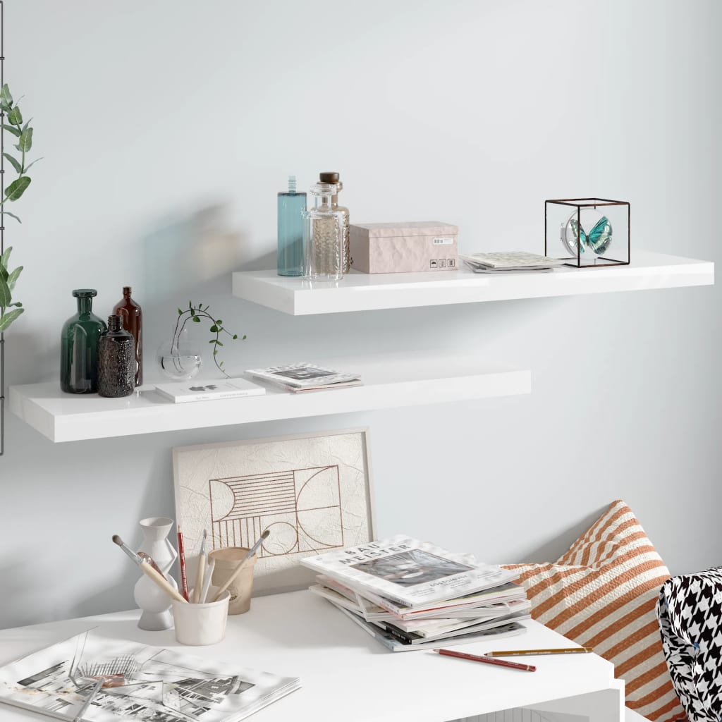 Scaffali A Parete 2 Pz 120X23,5X3,8 Cm In Mdf Bianco Lucido