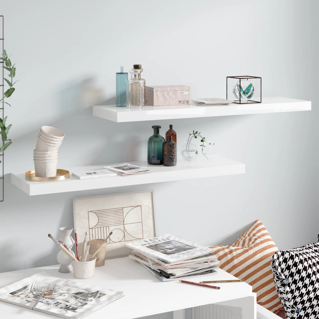 Scaffali A Parete 2 Pz 120X23,5X3,8 Cm In Mdf Bianco Lucido