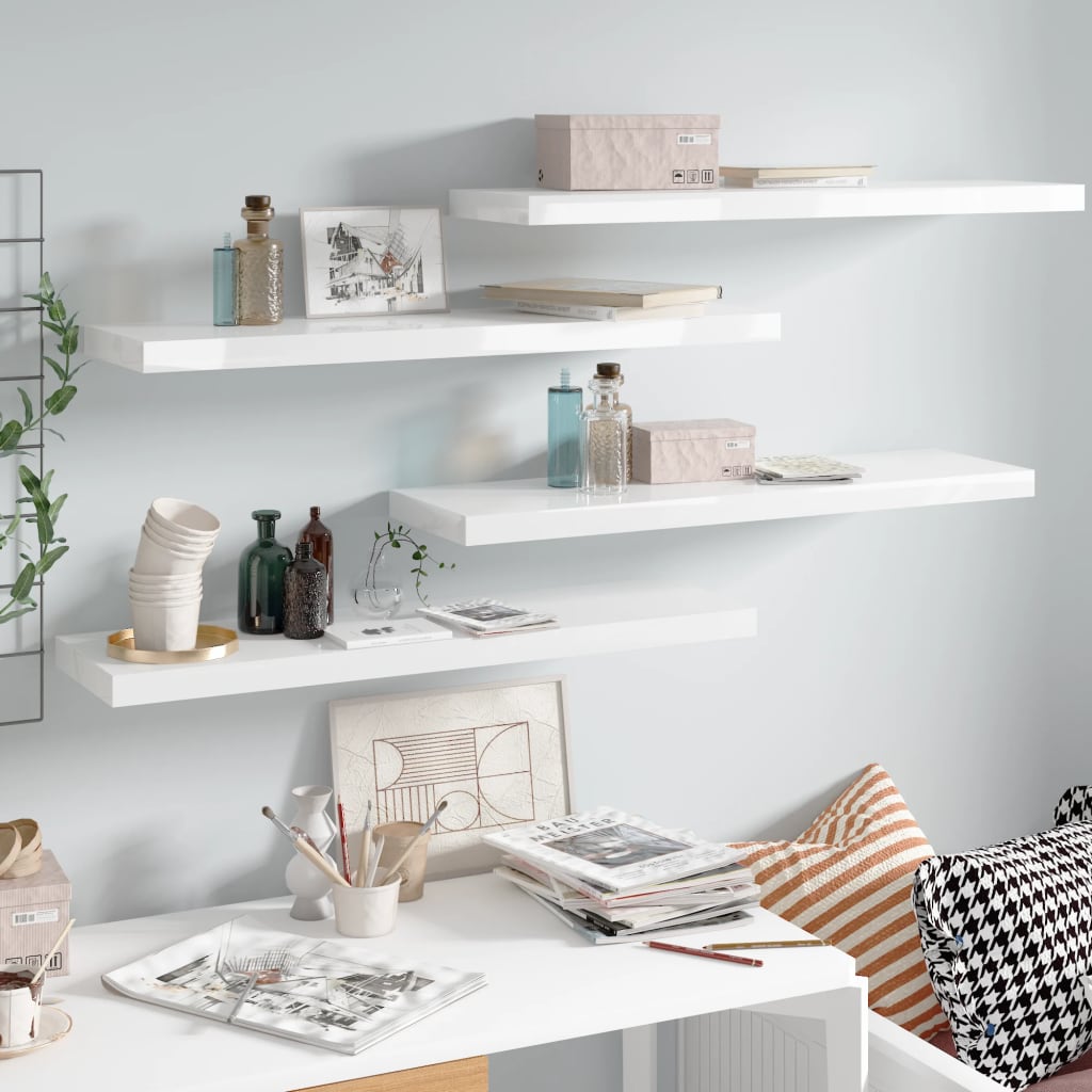 Scaffali A Parete 2 Pz 120X23,5X3,8 Cm In Mdf Bianco Lucido