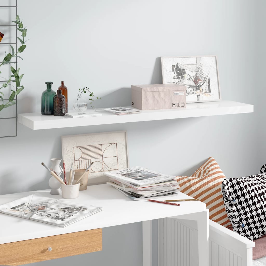 Scaffali A Parete 2 Pz 120X23,5X3,8 Cm In Mdf Bianco Lucido