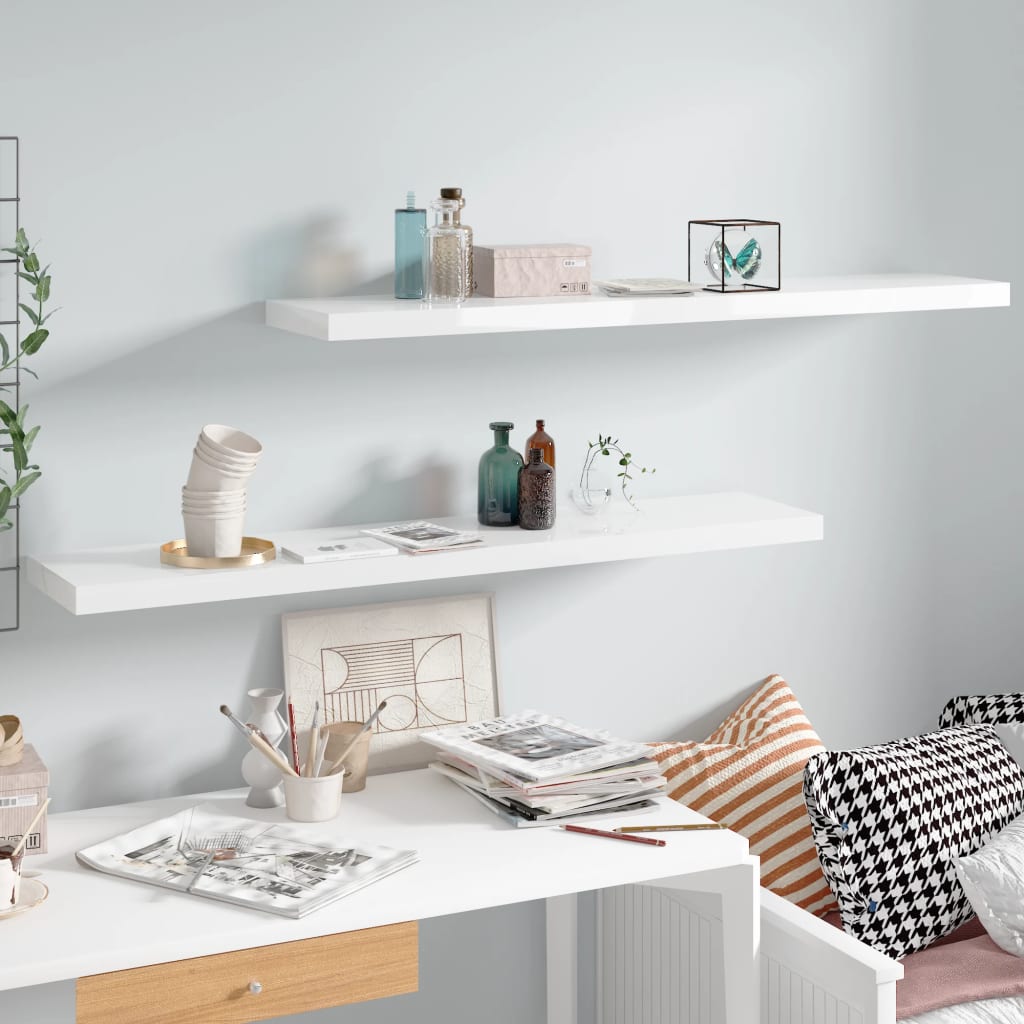 Scaffali A Parete 2 Pz 120X23,5X3,8 Cm In Mdf Bianco Lucido