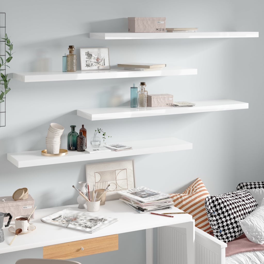 Scaffali A Parete 2 Pz 120X23,5X3,8 Cm In Mdf Bianco Lucido