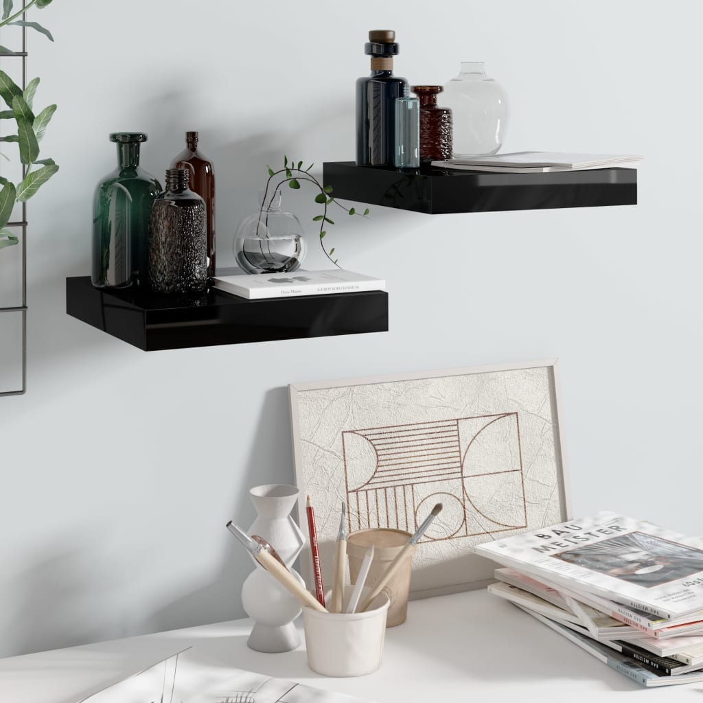 Scaffali A Parete 2 Pz 60X23,5X3,8 Cm In Mdf Nero Lucido