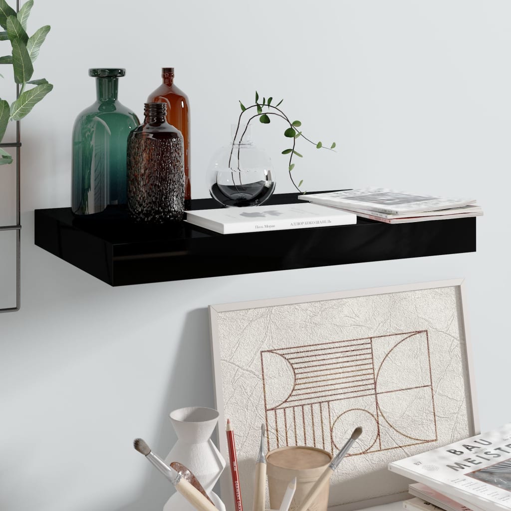 Scaffali A Parete 2 Pz 60X23,5X3,8 Cm In Mdf Nero Lucido