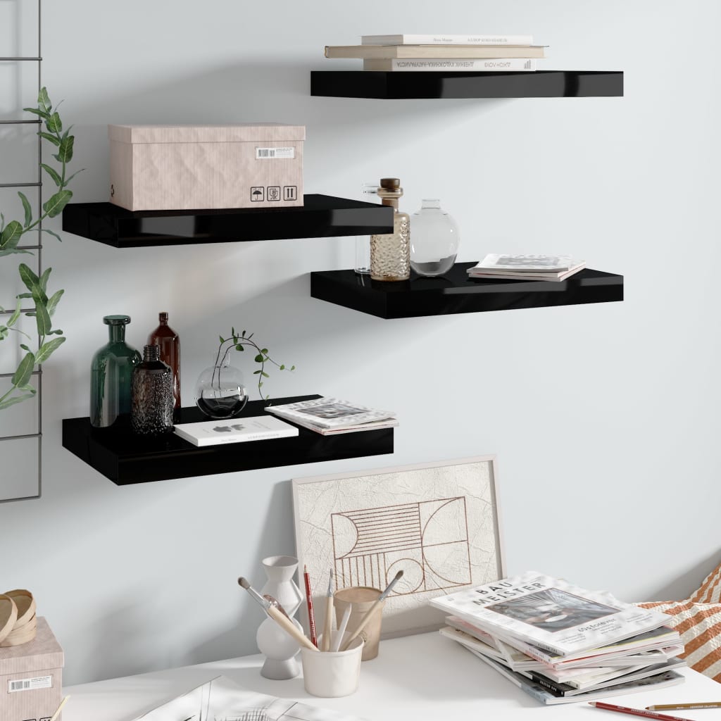 Scaffali A Parete 2 Pz 60X23,5X3,8 Cm In Mdf Nero Lucido