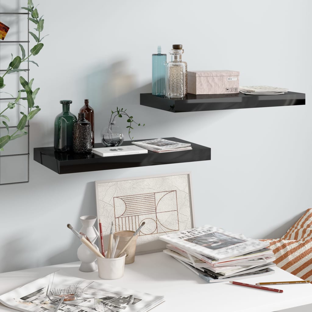 Scaffali A Parete 2 Pz 60X23,5X3,8 Cm In Mdf Nero Lucido