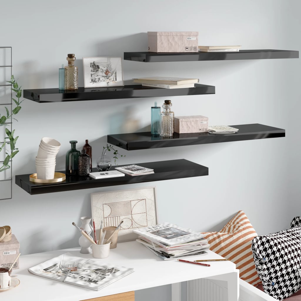 Scaffali A Parete 2 Pz 60X23,5X3,8 Cm In Mdf Nero Lucido