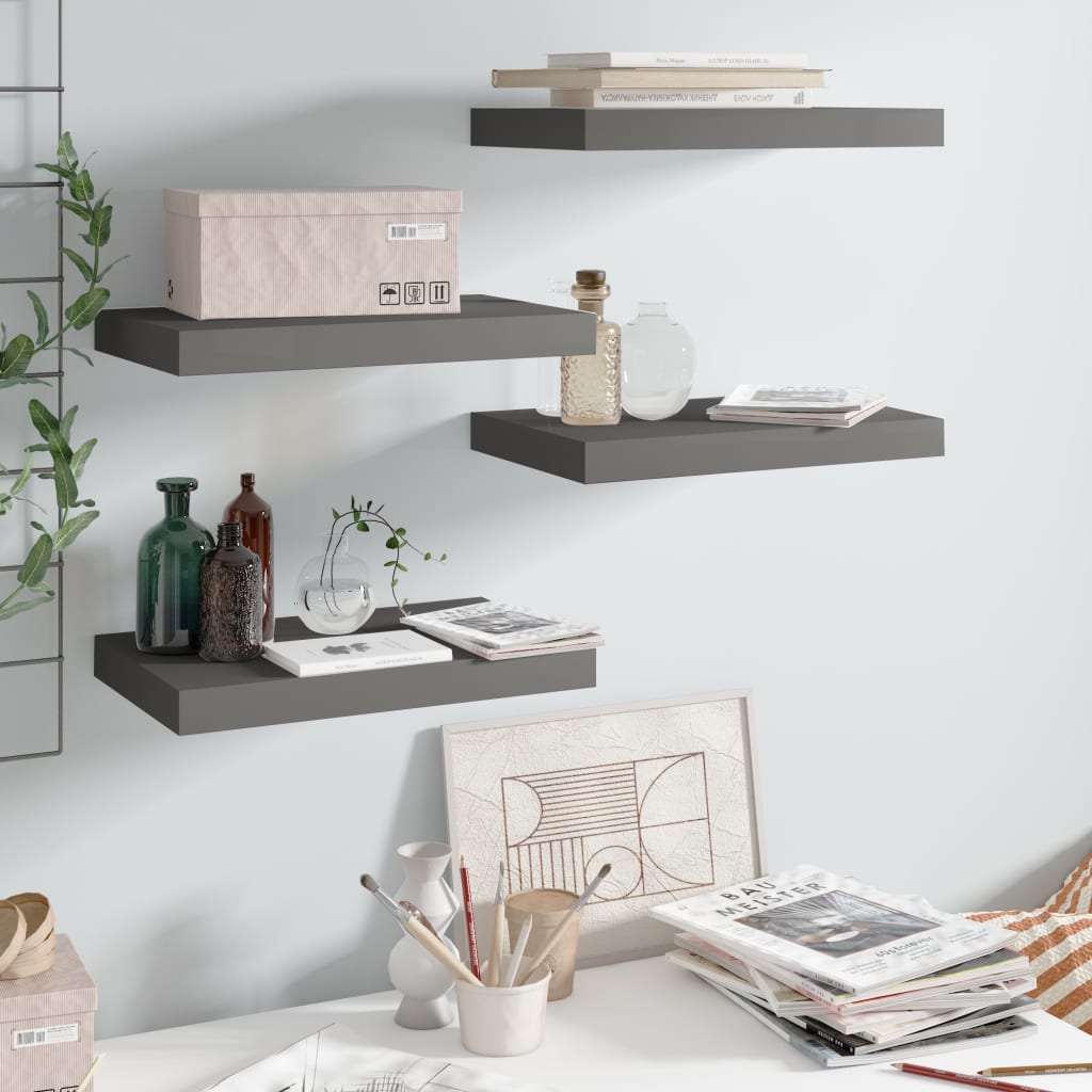 Scaffali A Parete 4 Pz 90X23,5X3,8 Cm In Mdf Grigio Lucido