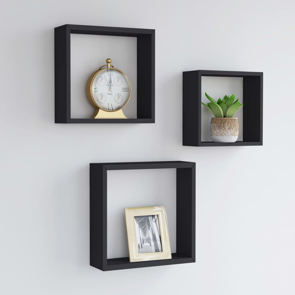 Mensole A Cubo Da Parete 3 Pz Nere In Mdf Nero