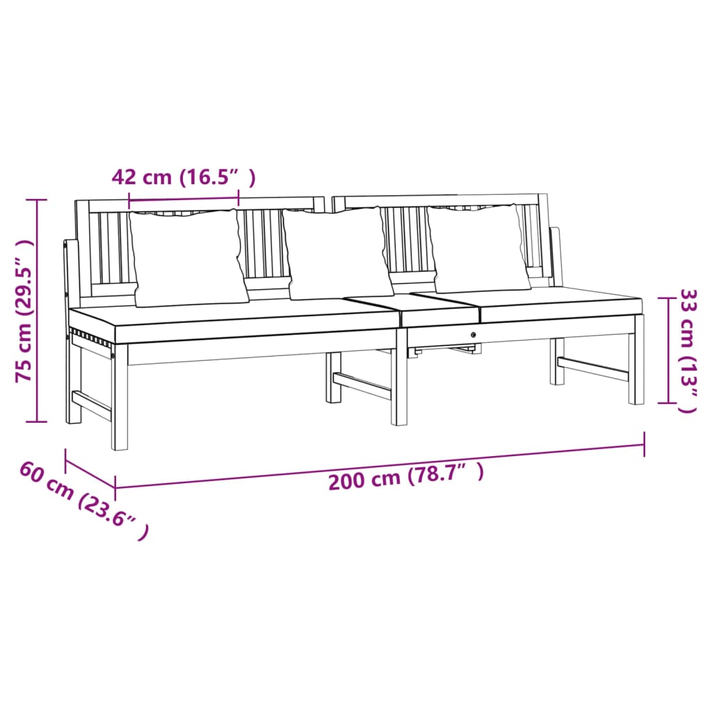 Dormeuse Con Cuscino 200X60X75Cm Legno Massello Acacia