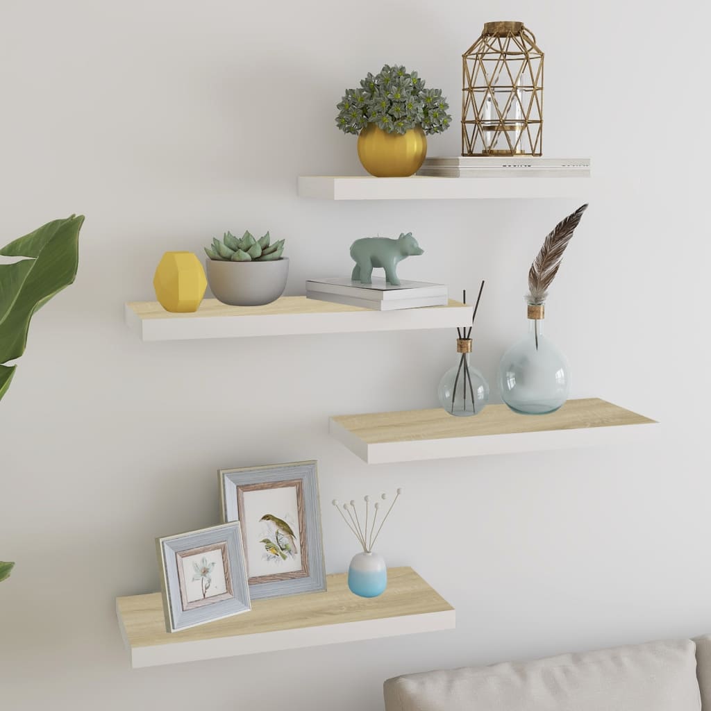 Scaffali A Parete 2 Pz 90X23,5X3,8 Cm In Mdf Rovere E Bianco
