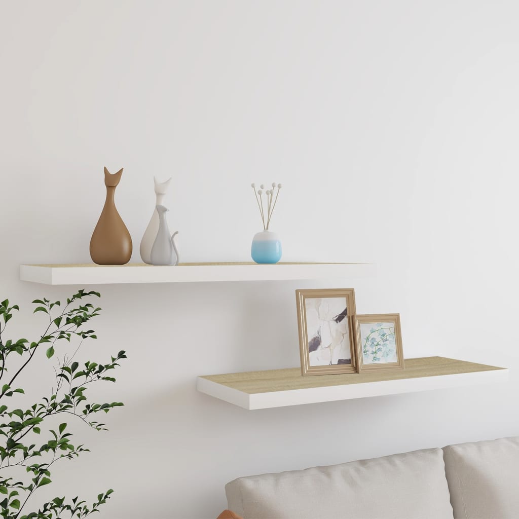 Scaffali A Parete 2 Pz 90X23,5X3,8 Cm In Mdf Rovere E Bianco