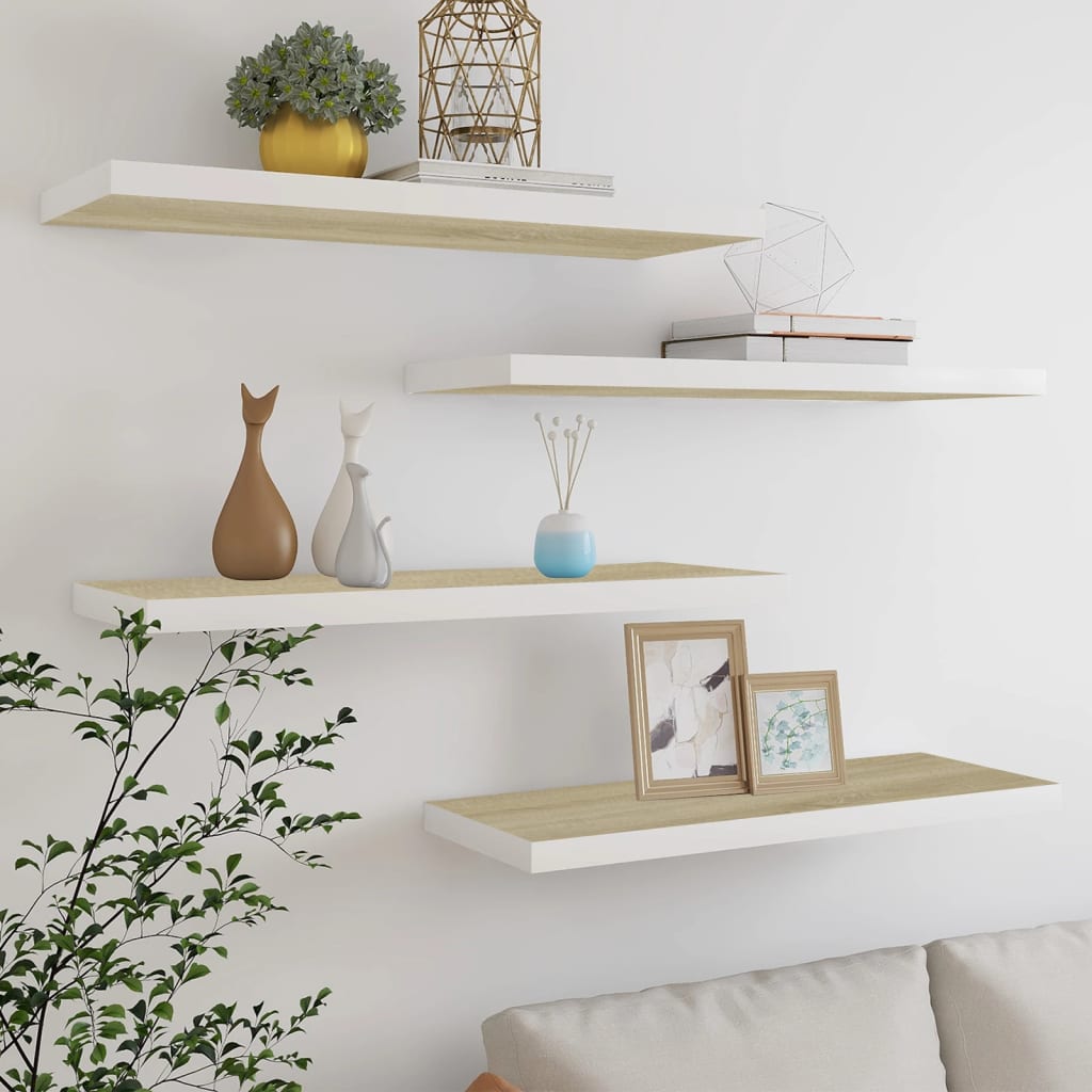 Scaffali A Parete 2 Pz 90X23,5X3,8 Cm In Mdf Rovere E Bianco