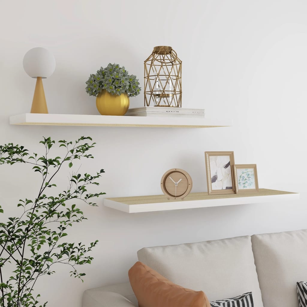 Scaffali A Parete 2 Pz 90X23,5X3,8 Cm In Mdf Rovere E Bianco