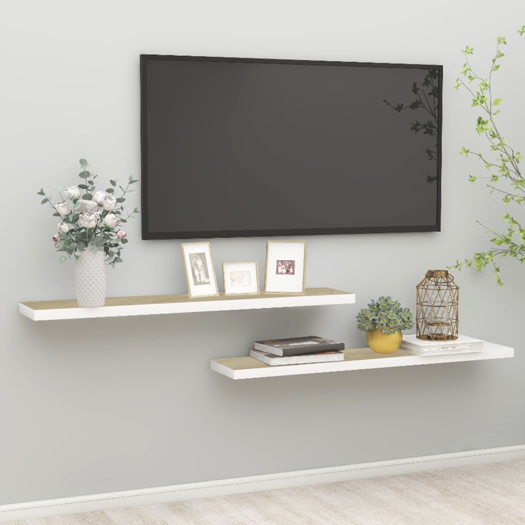 Scaffali A Parete 2 Pz 90X23,5X3,8 Cm In Mdf Rovere E Bianco